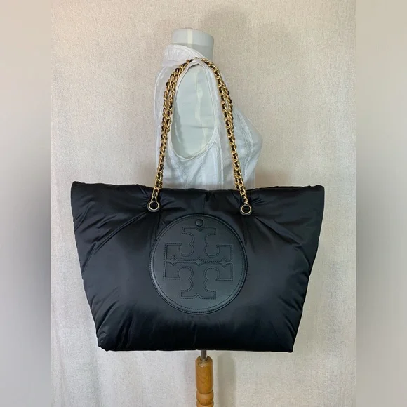 NEW Tory Burch Ella Black Nylon Puffer Large Chain Shopper Tote